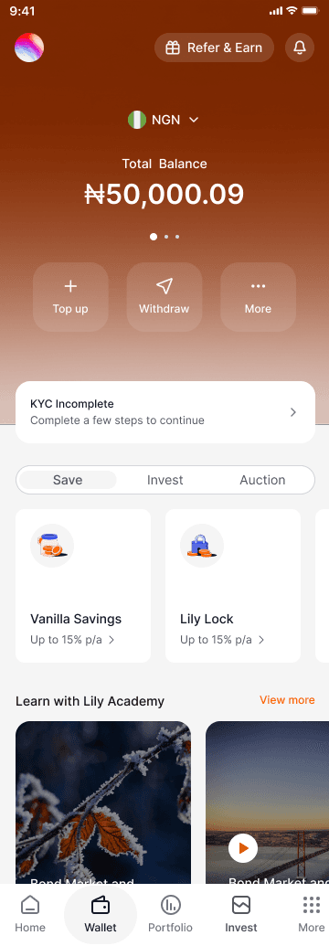 Lily home screen with savings plans and wallet controls