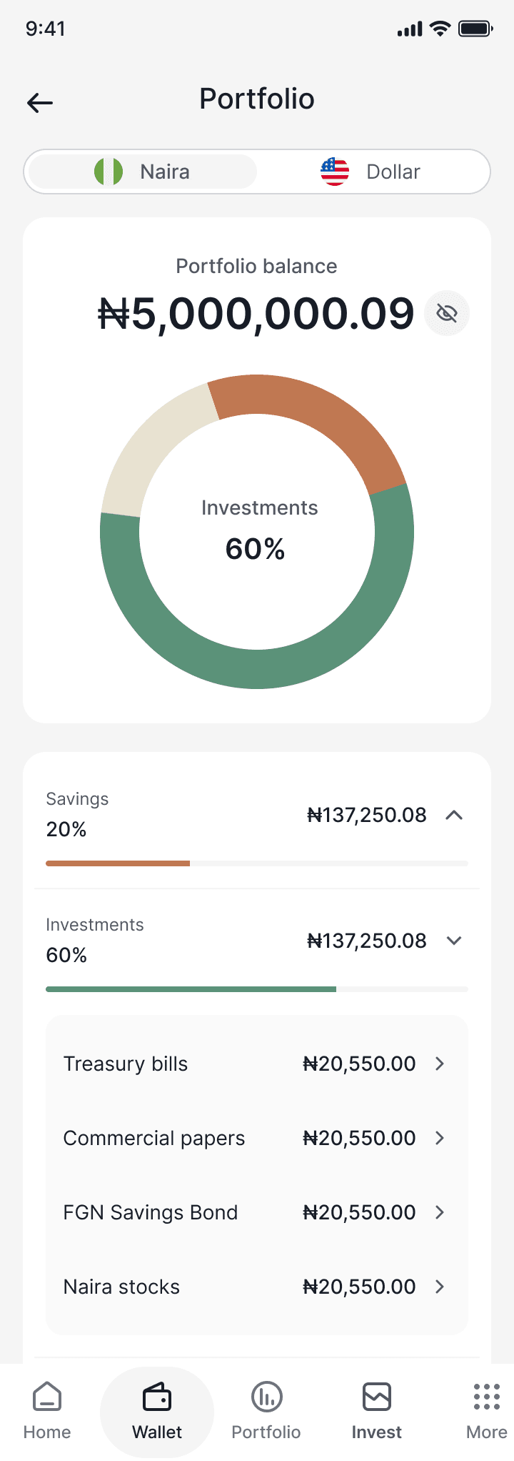 Lily portfolio screen showing holdings and asset allocation